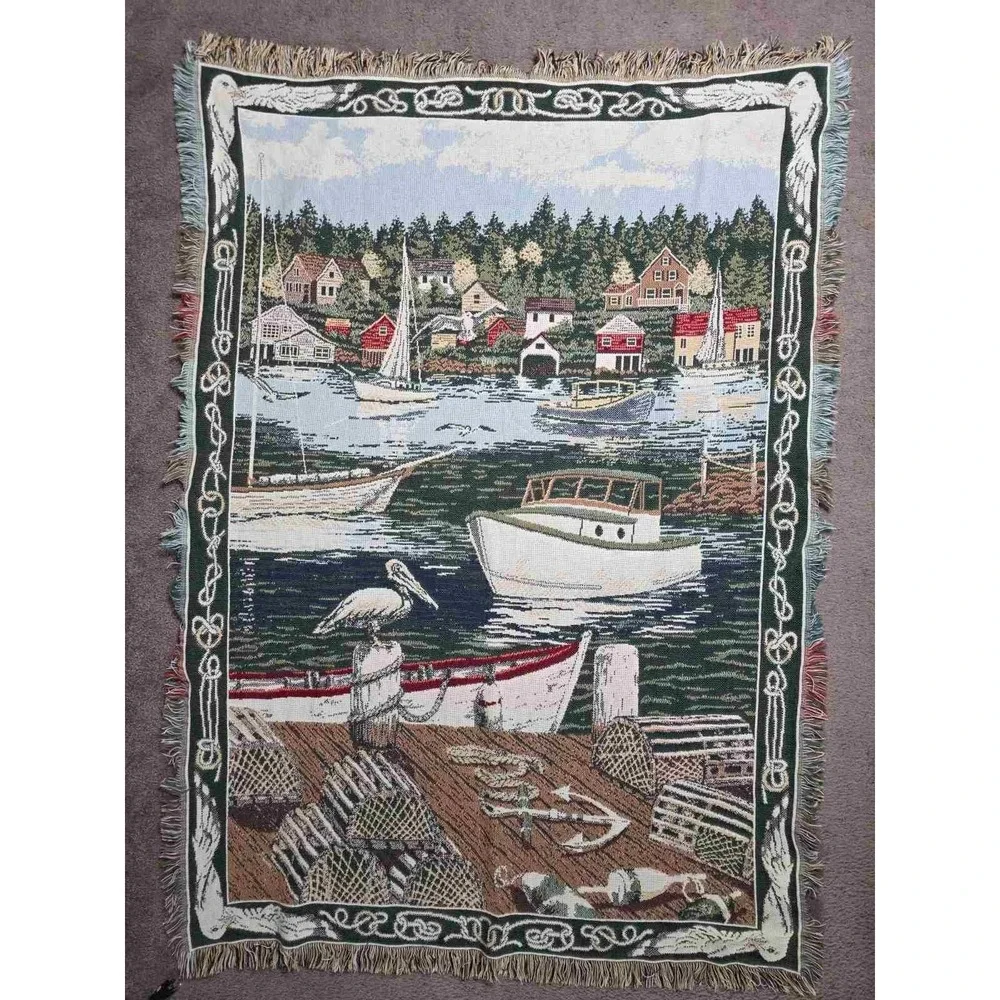 Goodwin Weavers‎ Throw Blanket Fringed Lake Boats Fishing 100% Cotton Made USA